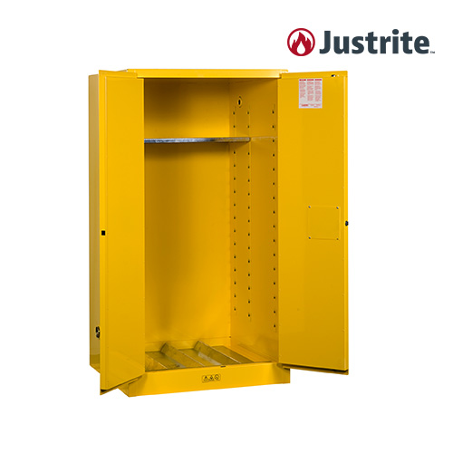 Justrite 899100 / FM인증 드럼 보관용 안전 캐비닛 110갤런 양문형 기본형 (철제/400L/노랑)/1499x864x1651mm/선반1개/249.5kg,2드럼통 보관가능[1EA]