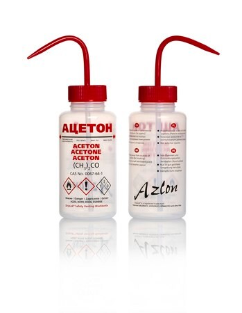 Merck Azlon Multi-Lingual Safety Wash Bottles With Driplok Vapor Venting