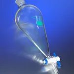 Corning PYREXPLUS Squibb Pear-shaped Separatory Funnels, Protective Coating, PTFE Product Standard Stopcock, Glass Standard Taper Stopper
