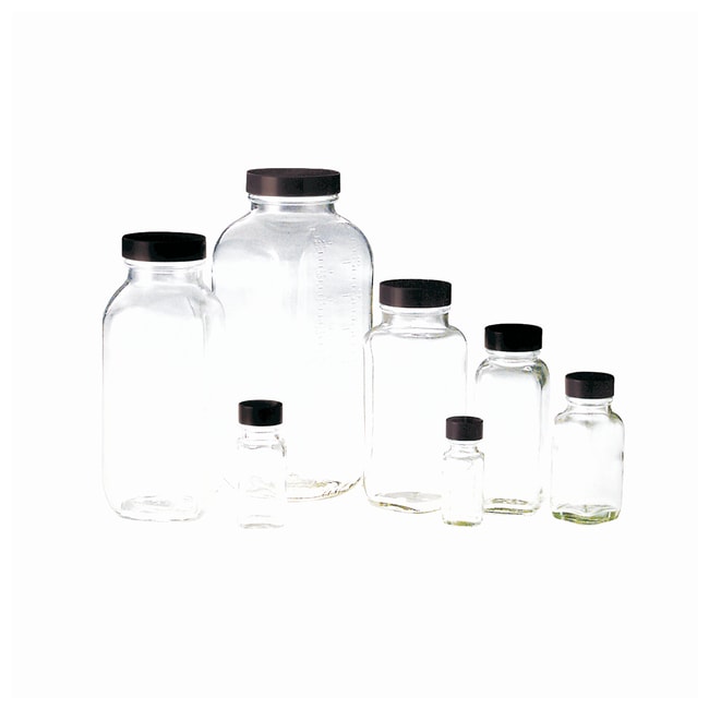 Thermo Fisher Scientific Clear French Square Bottles with Black Phenolic Polyethylene Cap