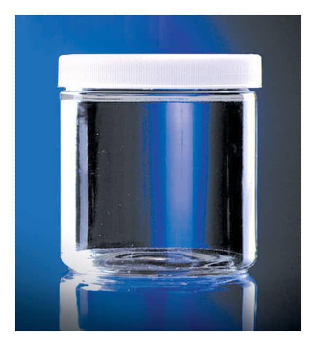 Thermo Fisher Scientific Safety Coated Clear Straight Sided Round Bottles with White Polypropylene PE Foam/PTFE Cap