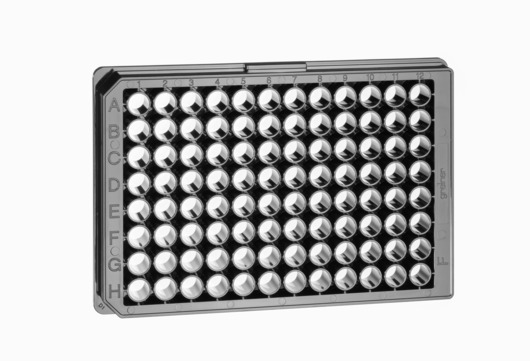 Greiner Bio One CELL CULTURE MICROPLATE, 96 WELL, PS, F-BOTTOM(CHIMNEY WELL), µCLEAR®, BLACK, CELLSTAR®, TC, LID WITH CONDENSATION RINGS, STERILE, 8 PCS./BAG