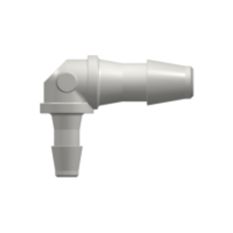 Elbow Reduction Tube Fitting with 200 Series Barbs, 3/32` (2.4 mm) and 1/16` (1.6 mm) ID Tubing