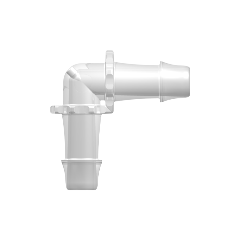 Elbow Tube Fitting with 500 Series Barbs, 3/8` (9.5 mm) ID Tubing