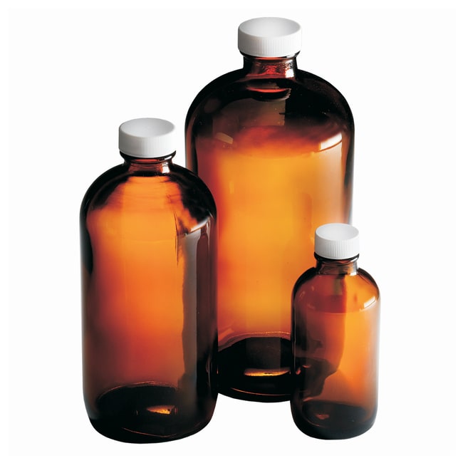 Thermo Fisher Scientific Amber Boston Round Bottles with White Polypropylene Pulp/Vinyl Cap