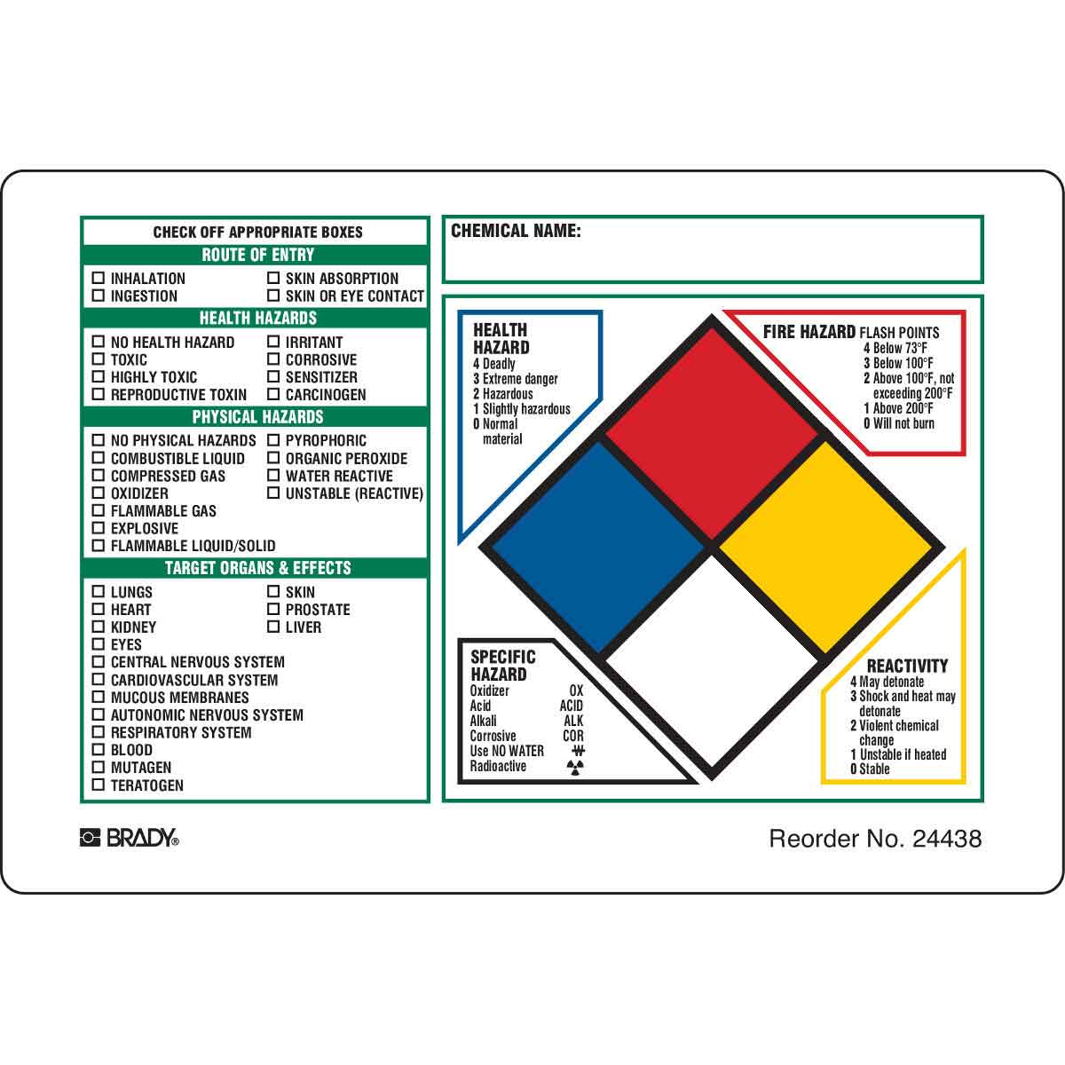 Brady Chemical Hazard Check and NFPA Hazard Rating Labels
