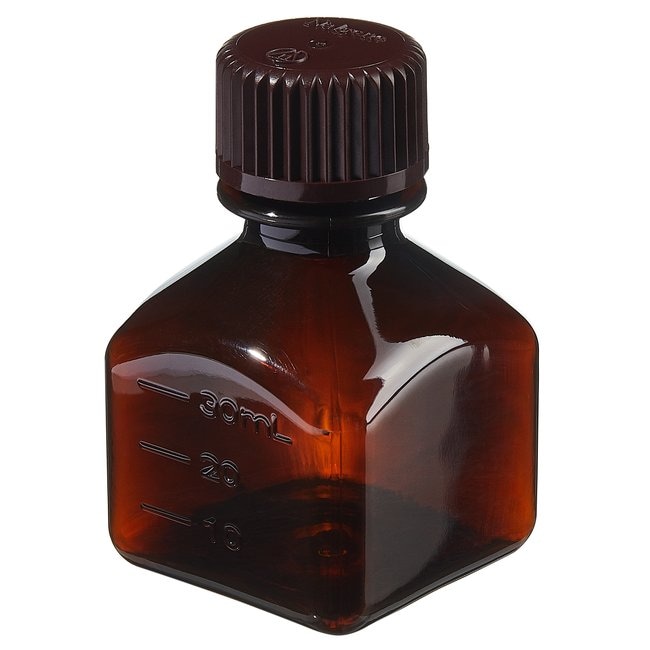 Thermo Fisher Scientific Nalgene Square Amber PETG Media Bottles with Closure: Nonsterile, Shrink-Wrapped Trays, 30mL