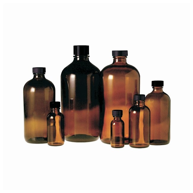 Thermo Fisher Scientific Amber Boston Round Bottles with Black Phenolic Pulp/Vinyl Cap