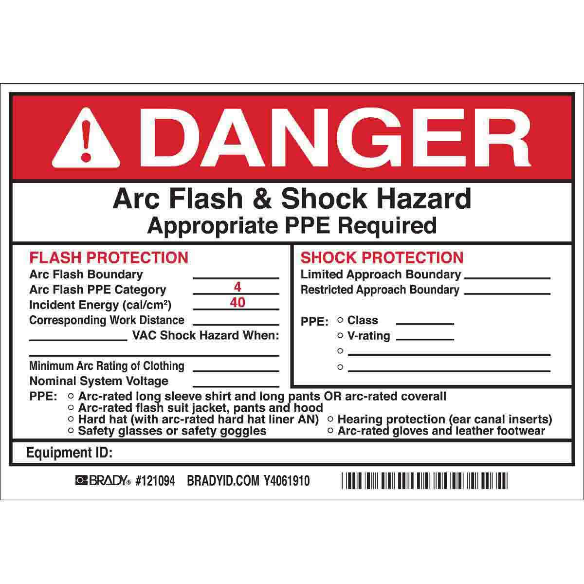 Brady DANGER Flash Protection Arc Flash Boundary Arc Flash PPE Category 4 Labels