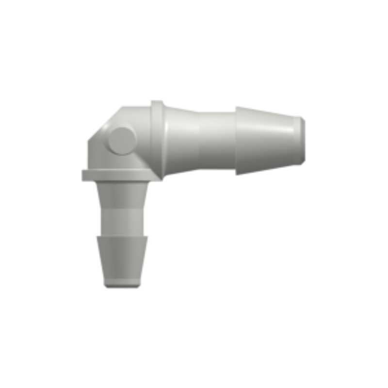 Elbow Reduction Tube Fitting with 200 Series Barbs, 1/8` (3.2 mm) and 3/32` (2.4 mm) ID Tubing