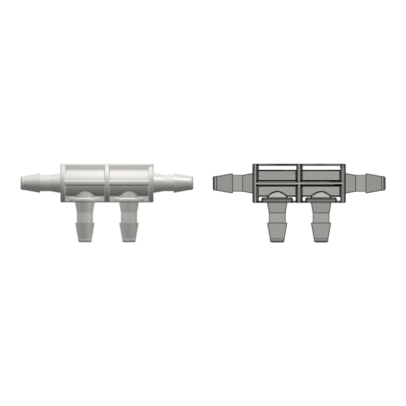 Four-port Thru Flow Double Elbow Style Manifold with 200 Series Barbs, 3/32` (2.4 mm) ID Tubing