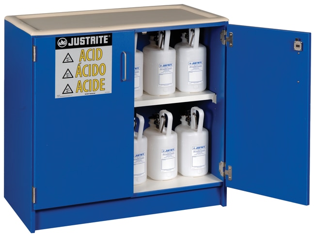 Thermo Fisher Scientific Wood Laminate Corrosives Safety Cabinet, Two shelves; 49 x 2.5L bottles