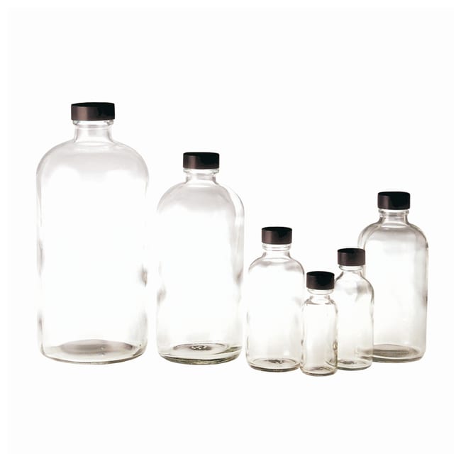 Thermo Fisher Scientific Clear Boston Round Bottles with Black Phenolic PolyCone Cap