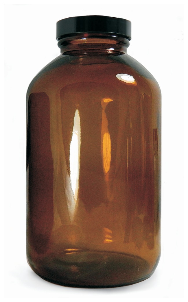 Thermo Fisher Scientific Amber Wide Mouth Packer Bottles with with Black Phenolic Pulp/Vinyl Cap, Attached black phenolic pulp/vinyl lined cap; 28mm-400; 0.5 oz. (15mL); Bulk Pack; 624/Cs.