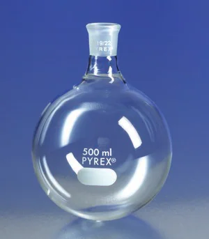 Merck Pyrex round-bottom boiling flask, short neck