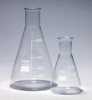 Merck Pyrex Erlenmeyer flask, narrow neck, with printed trace code