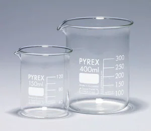 Merck Pyrex Griffin beakers, low form, with printed trace code