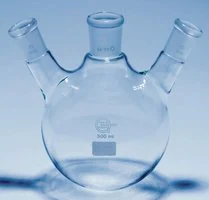 Merck Quickfit three-neck round-bottom flasks with angled necks