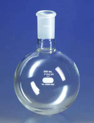 Merck Pyrex round-bottom heavy wall boiling flask, short neck with joint