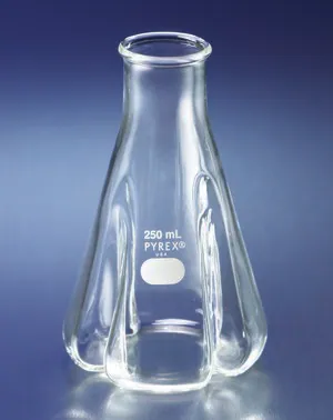 Merck Pyrex baffled trypsinizing flask, with beaded neck