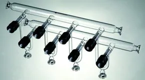 Merck Synthware double vacuum manifold with high vacuum valves and #15 o-ring joints