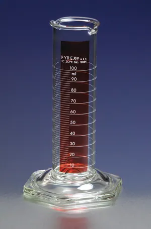 Merck Pyrex Lifetime Red single metric scale graduated cylinder, with double pourout