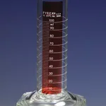 Merck Pyrex Lifetime Red single metric scale graduated cylinder, with double pourout