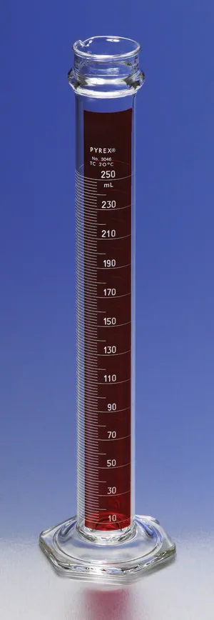 Merck Pyrex Lifetime Red single metric scale graduated cylinder, with reinforced bead
