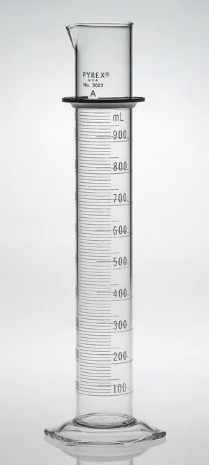 Merck Pyrex class A double metric scale graduated cylinder, with blue enamel