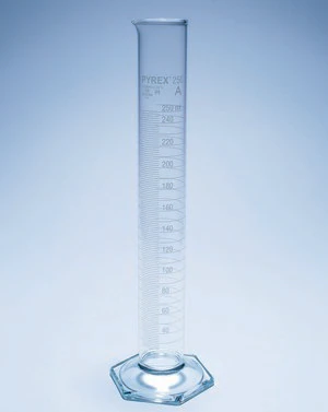 Merck Pyrex Measuring cylinder with spout, class A with white graduations