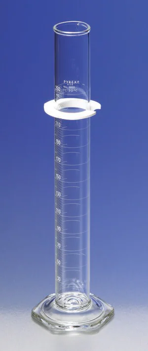 Merck Pyrex graduated cylinder, single metric scale, white enamel graduations