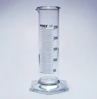 Merck Pyrex Measuring cylinder, class B, squat form, heavy duty rim, blue graduations
