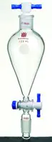 Merck Synthware Squibb-style separatory funnel with standard taper joints, PTFE stopcock and PTFE stopper