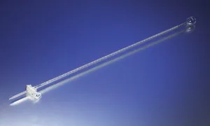 Merck Pyrex micro precision bore funnel top class A burette, with straight ST stopcock