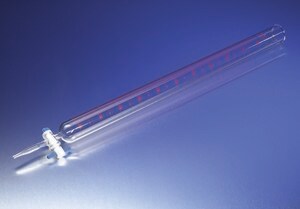 Merck Pyrex colored scale dispensing burette, with straight bore PTFE stopcock plug