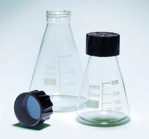 Merck Pyrex Erlenmeyer flask, graduated with SVL screwcaps