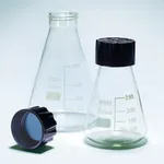 Merck Pyrex Erlenmeyer flask, graduated with SVL screwcaps