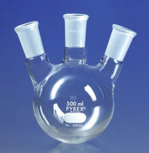 Merck Pyrex round-bottom three neck angle type distilling flask