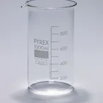 Merck Pyrex Berzelius beakers, graduated, tall form with spout, with printed trace code