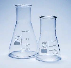 Merck Pyrex Erlenmeyer flask, wide neck, with printed trace code