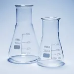 Merck Pyrex Erlenmeyer flask, wide neck, with printed trace code
