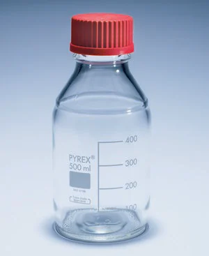 Merck Pyrex Media-Lab Bottles, with high temperature cap and pouring ring, with printed trace code