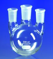 Merck Pyrex round-bottom three neck vertical unequal height flask