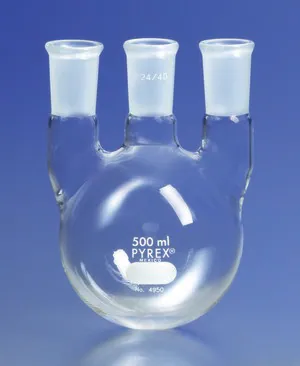 Merck Pyrex round-bottom vertical three neck distilling flask, with 24/40 joints