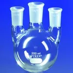 Merck Pyrex round-bottom three neck vertical unequal height flask