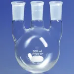 Merck Pyrex round-bottom vertical three neck distilling flask, with 24/40 joints