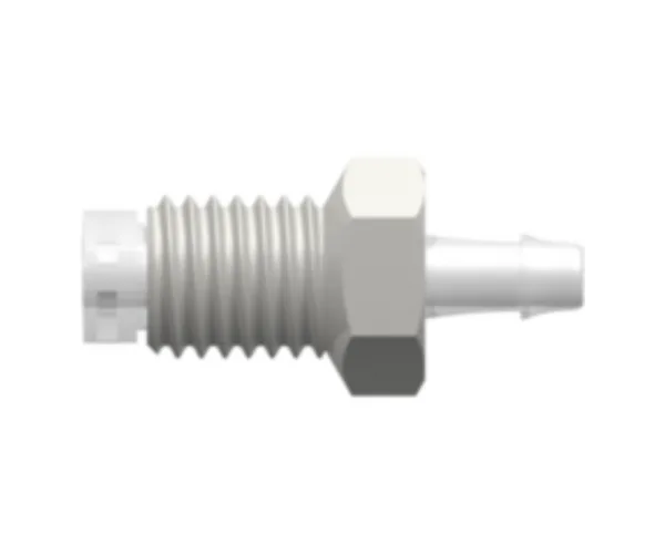 1/4-28 UNF Bottom Sealing Rotating Thread with 5/16` Hex to 500 Series Barb, 3/32` (2.4 mm) ID Tubing over Animal-Free Polypropylene