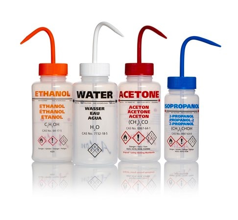 Merck AzlonÂ Multi-Lingual Safety Wash Bottles With Driplok Vapor Venting
