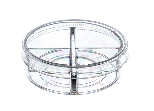 Greiner Bio One CELLVIEW CELL CULTURE DISH, PS, 35/10 MM,GLASS BOTTOM, 4 COMPARTMENTS, ADVANCED TC, STERILE, 10 PCS./BAG