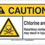 Thermo Fisher Scientific Polyester Caution Sign: CHLORINE AREA. HAZARDOUS CONTACT MAY RESULT IN INJURY., Black/yellow on white; Cold temperature permanent acrylic; Self-adhesive